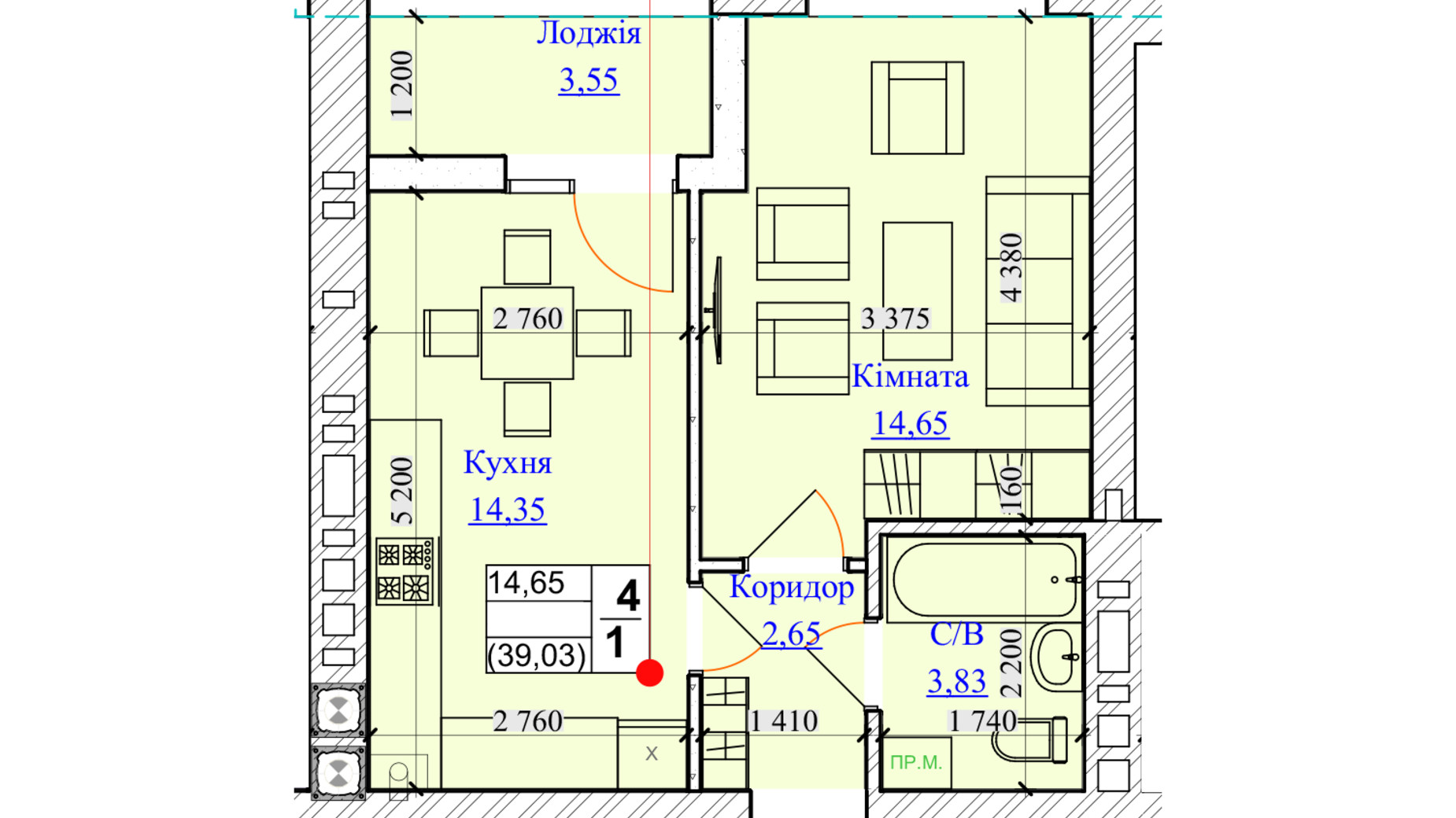 Планировка 1-комнатной квартиры в ЖК One Family 39.03 м², фото 599658