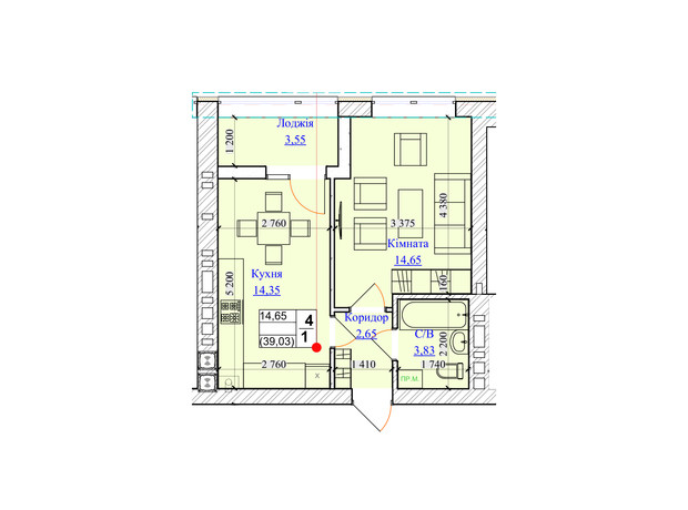 ЖК One Family: планування 1-кімнатної квартири 39.03 м²