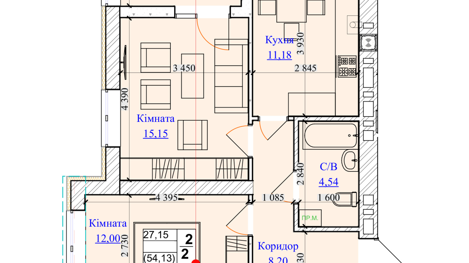 Планування 2-кімнатної квартири в ЖК One Family 54.13 м², фото 599659