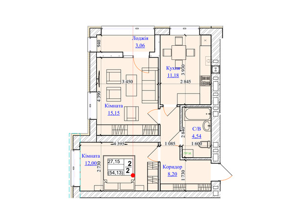 ЖК One Family: планування 2-кімнатної квартири 54.13 м²