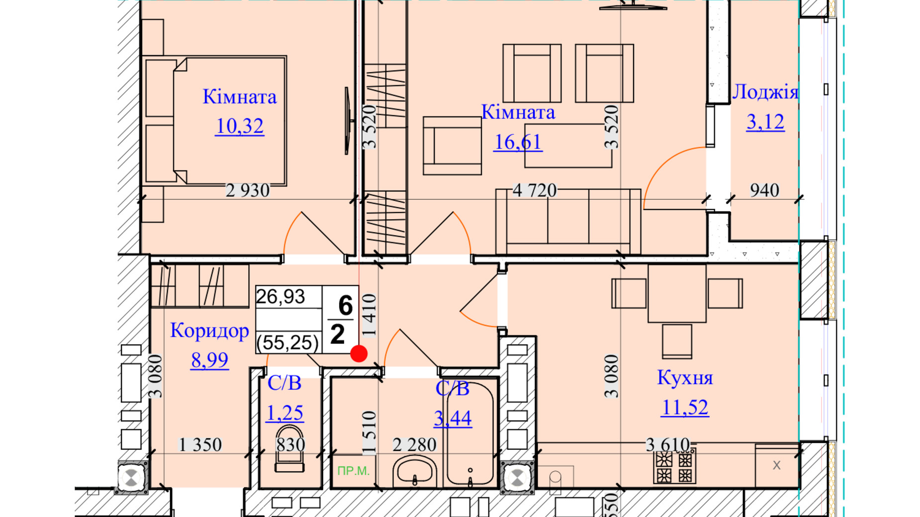 Планування 2-кімнатної квартири в ЖК One Family 55.26 м², фото 599660
