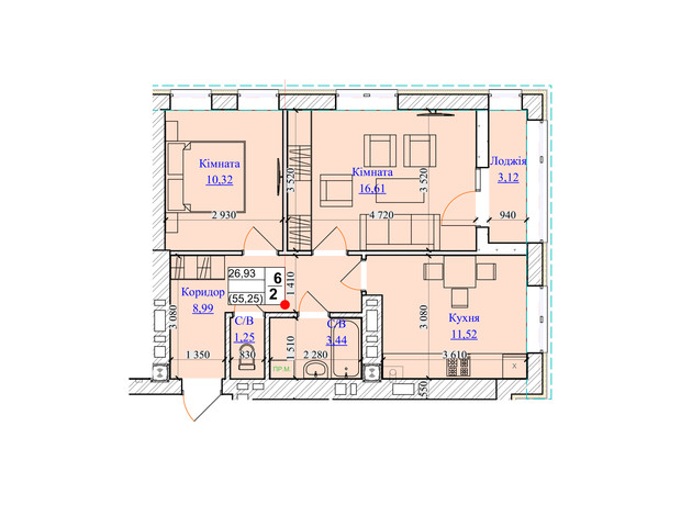 ЖК One Family: планировка 2-комнатной квартиры 55.26 м²