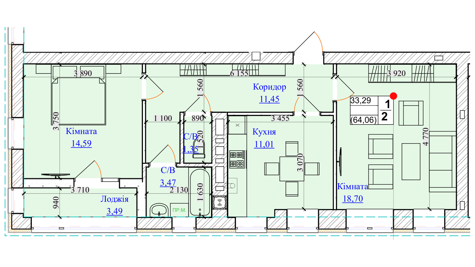Планування 2-кімнатної квартири в ЖК One Family 64.06 м², фото 599661
