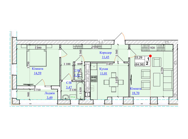 ЖК One Family: планування 2-кімнатної квартири 64.06 м²