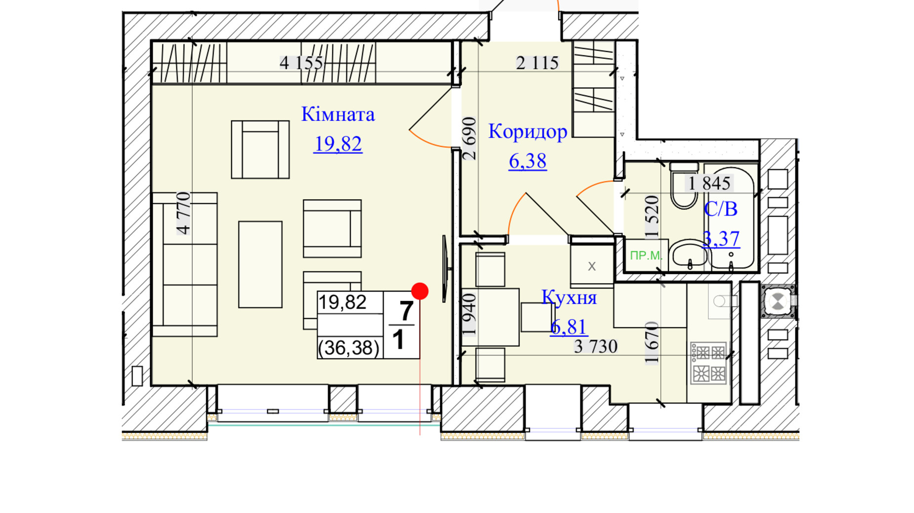 Планування 1-кімнатної квартири в ЖК One Family 36.38 м², фото 599662