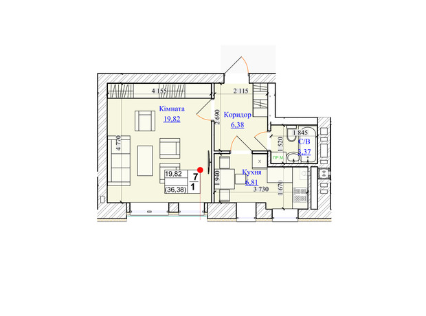 ЖК One Family: планування 1-кімнатної квартири 36.38 м²