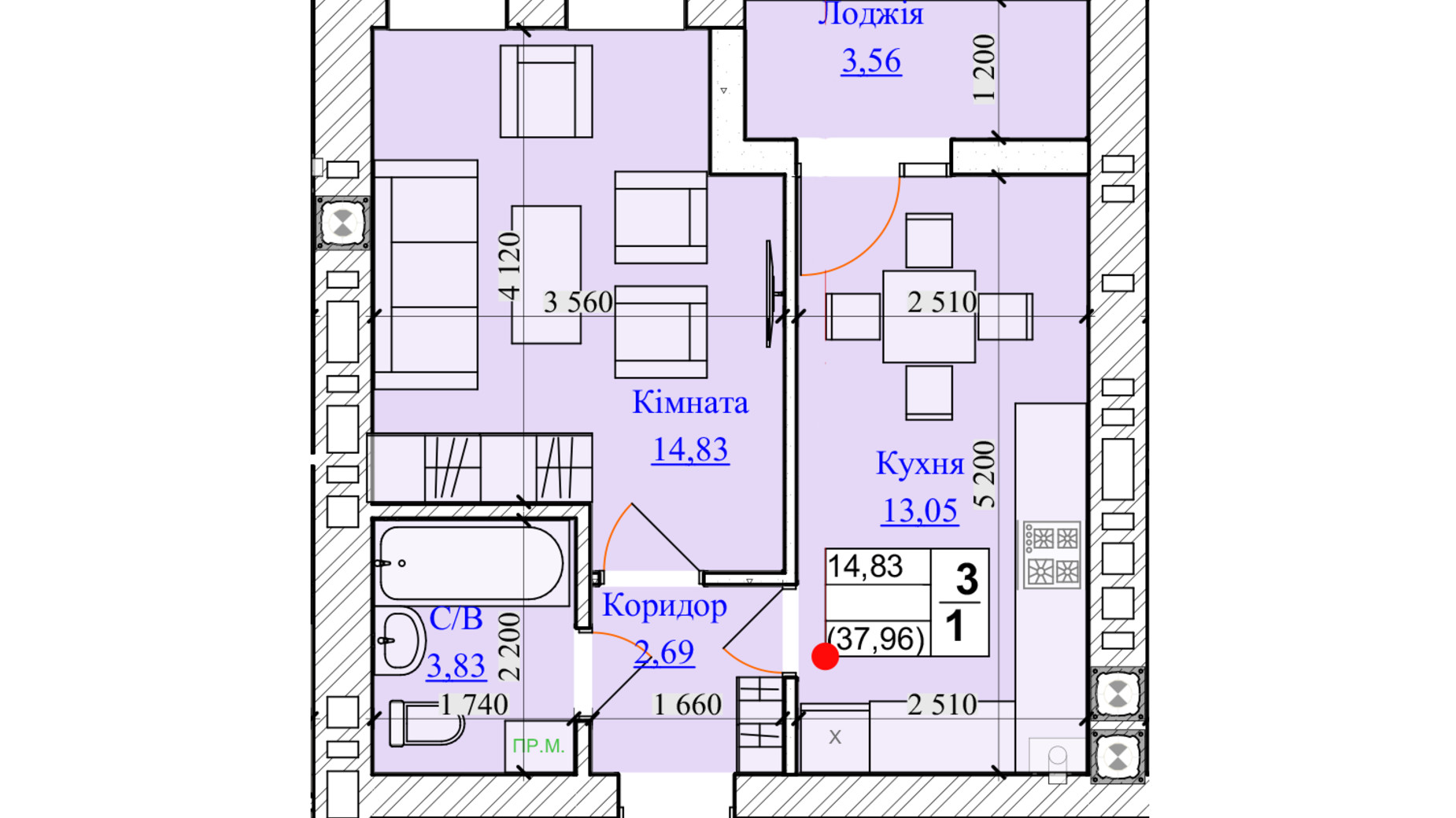 Планування 1-кімнатної квартири в ЖК One Family 37.96 м², фото 599663