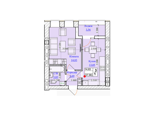 ЖК One Family: планування 1-кімнатної квартири 37.96 м²