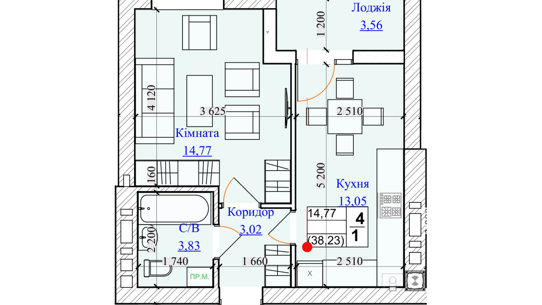 Планування 1-кімнатної квартири в ЖК One Family 38.23 м², фото 599664
