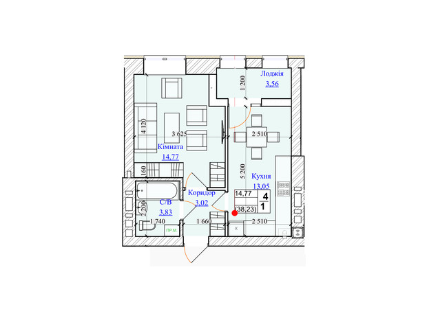 ЖК One Family: планування 1-кімнатної квартири 38.23 м²