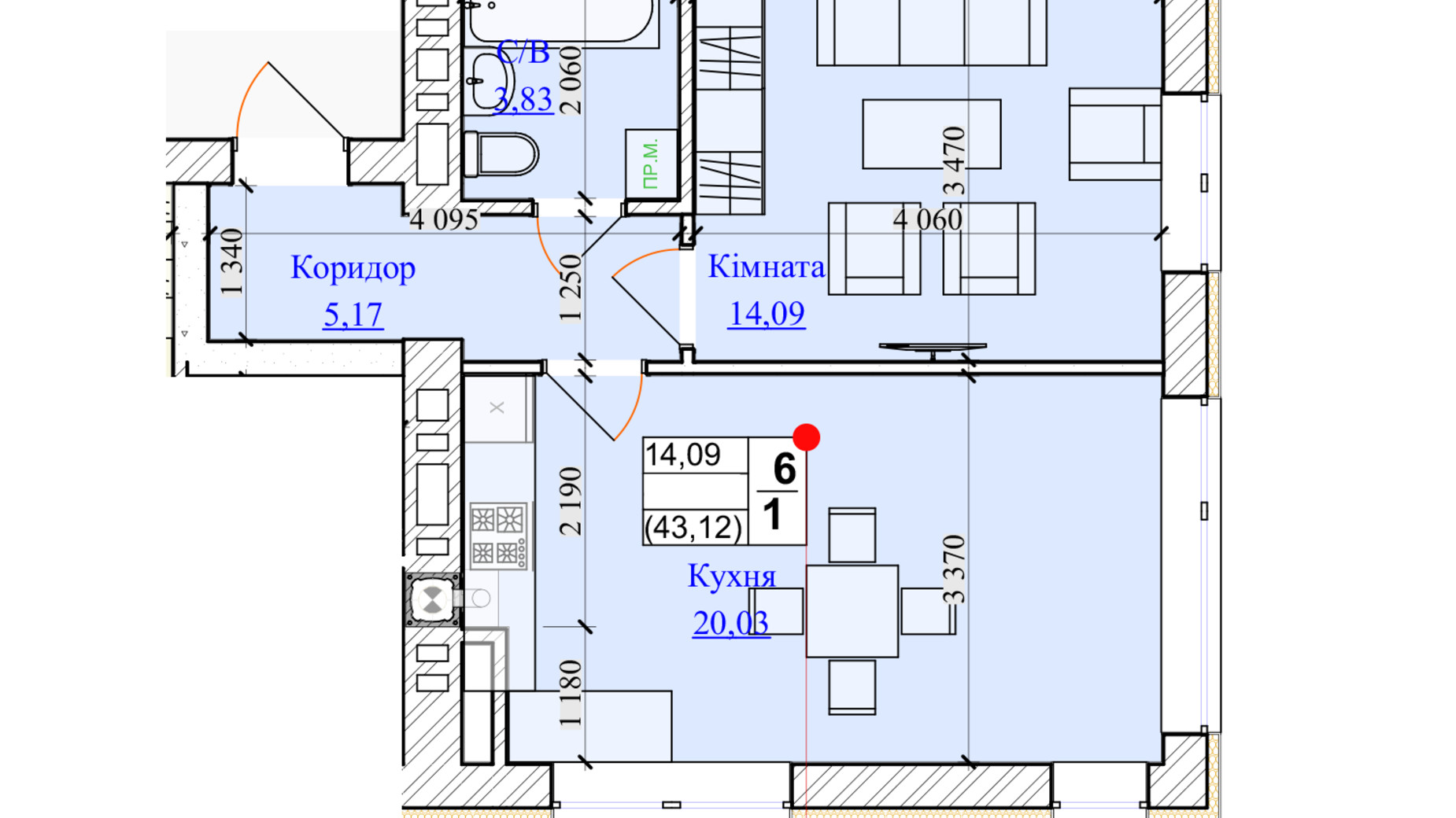 Планировка 1-комнатной квартиры в ЖК One Family 43.12 м², фото 599665