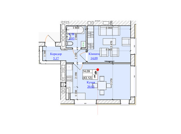 ЖК One Family: планування 1-кімнатної квартири 43.12 м²
