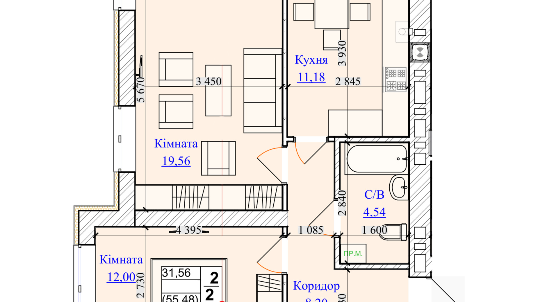 Планування 2-кімнатної квартири в ЖК One Family 55.48 м², фото 599666