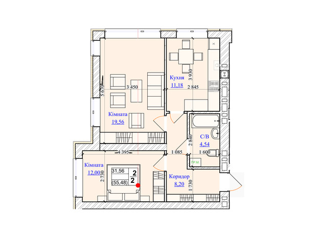 ЖК One Family: планування 2-кімнатної квартири 55.48 м²