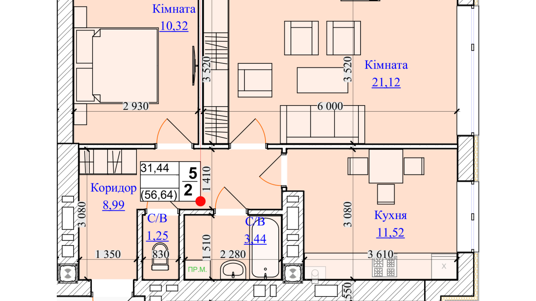 Планування 2-кімнатної квартири в ЖК One Family 56.64 м², фото 599667