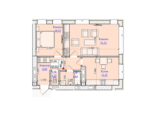 ЖК One Family: планировка 2-комнатной квартиры 56.64 м²