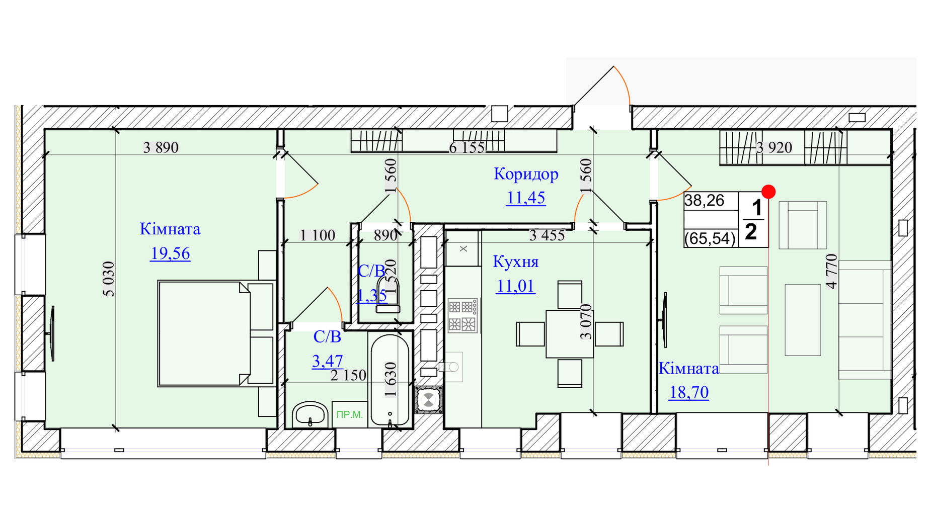 Планировка 2-комнатной квартиры в ЖК One Family 65.54 м², фото 599668