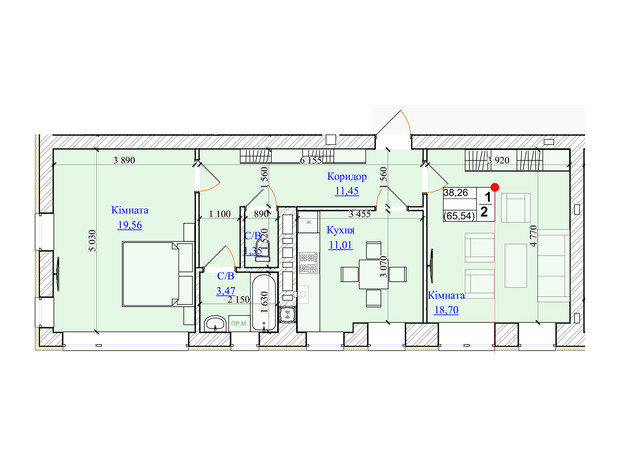 ЖК One Family: планування 2-кімнатної квартири 65.54 м²