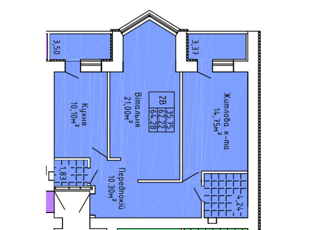 ЖК Краєвид Верховини: планування 2-кімнатної квартири 64.9 м²