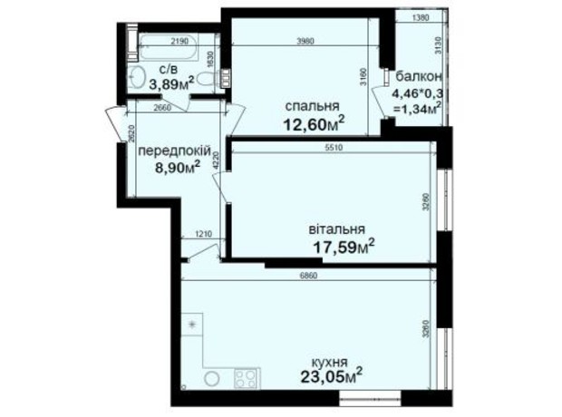 ЖК Кришталеві джерела: планування 2-кімнатної квартири 67.37 м²