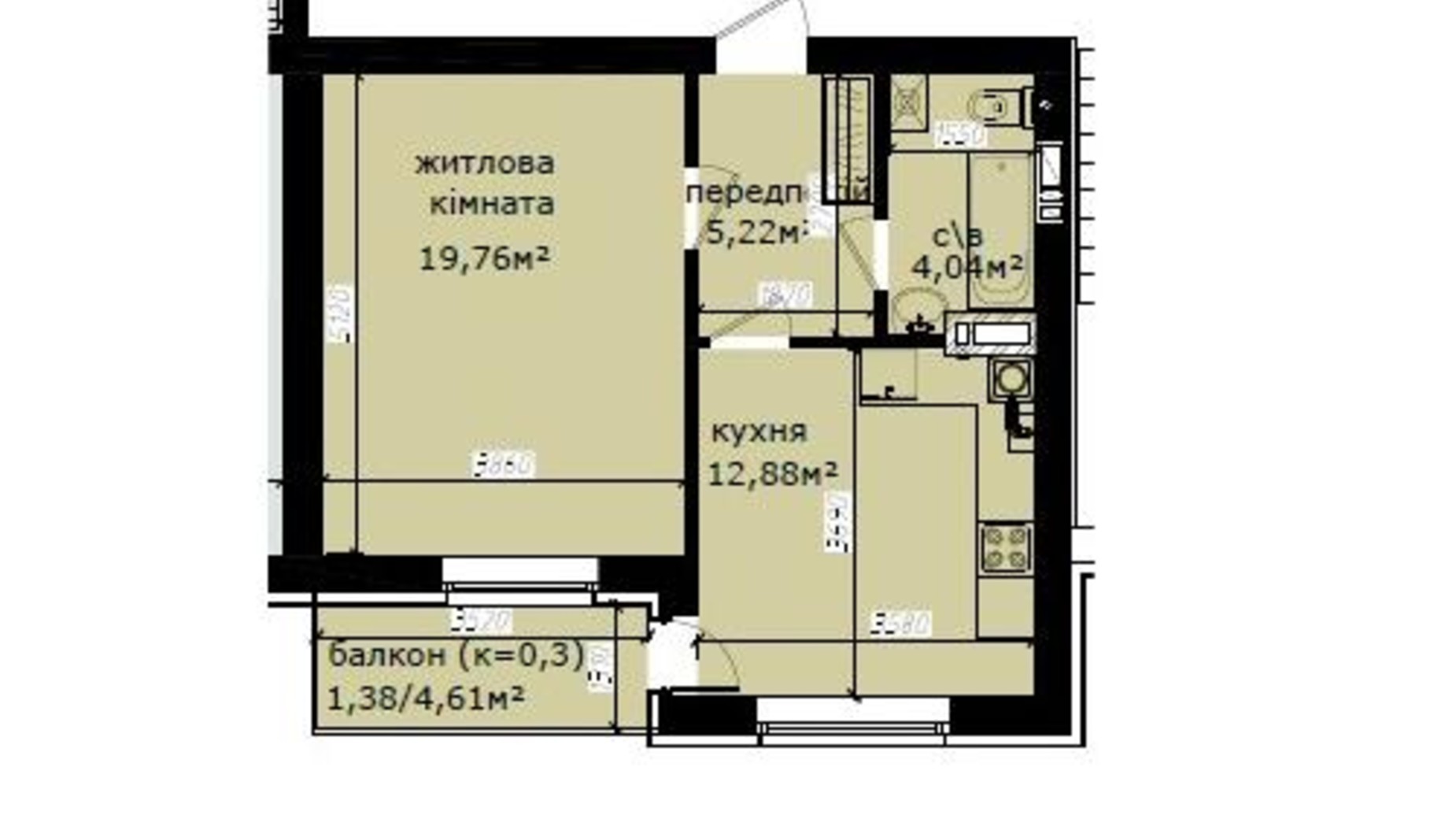 Планировка 1-комнатной квартиры в ЖК Кришталеві джерела 43.28 м², фото 600481