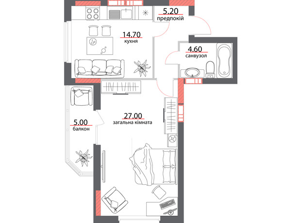 ЖК ул. Героев АТО, 81: планировка 1-комнатной квартиры 56.5 м²