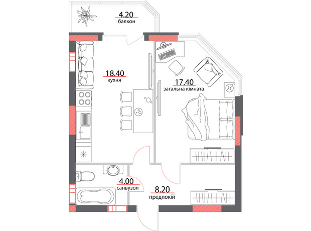 ЖК ул. Героев АТО, 81: планировка 1-комнатной квартиры 52.2 м²