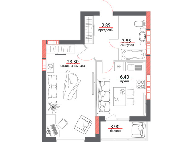 ЖК ул. Героев АТО, 81: планировка 1-комнатной квартиры 54.4 м²