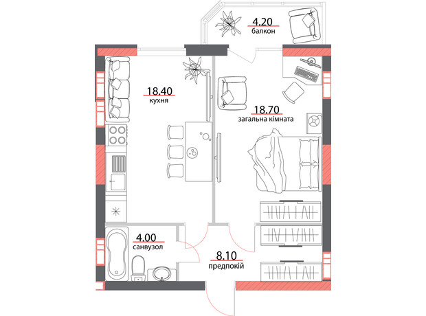 ЖК ул. Героев АТО, 81: планировка 1-комнатной квартиры 53.4 м²