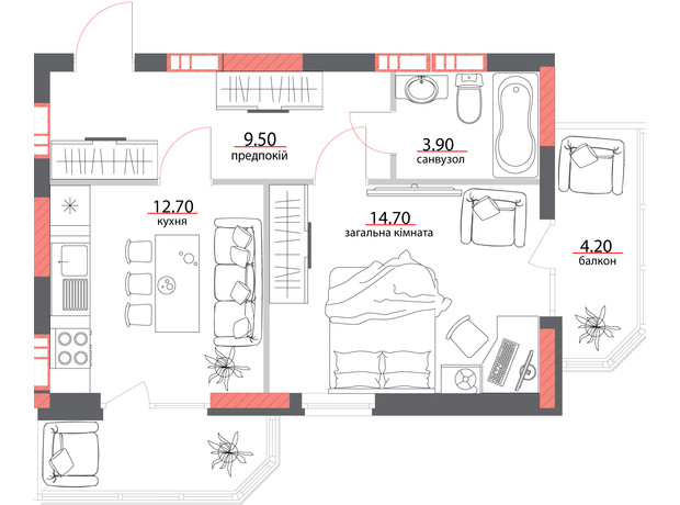 ЖК вул. Героїв АТО, 81: планування 1-кімнатної квартири 47.8 м²