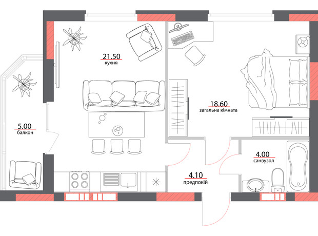 ЖК ул. Героев АТО, 81: планировка 1-комнатной квартиры 53.2 м²