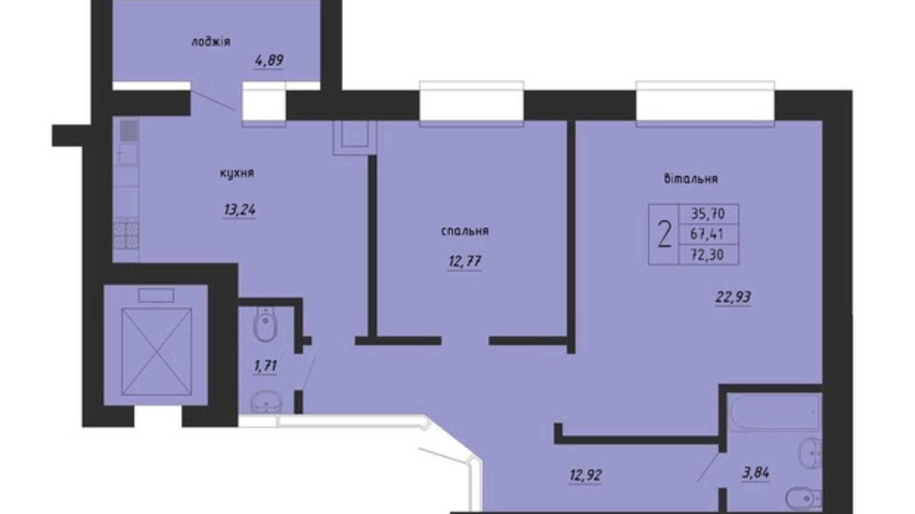 Планування 2-кімнатної квартири в ЖК Нові Байківці 72.3 м², фото 600669
