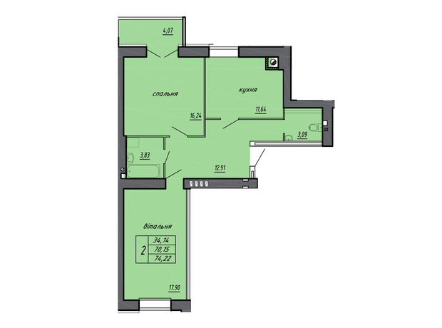 ЖК Нові Байківці: планування 2-кімнатної квартири 73.54 м²