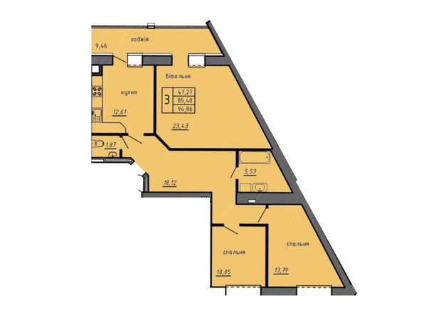 ЖК Новые Байковцы: планировка 3-комнатной квартиры 94.86 м²