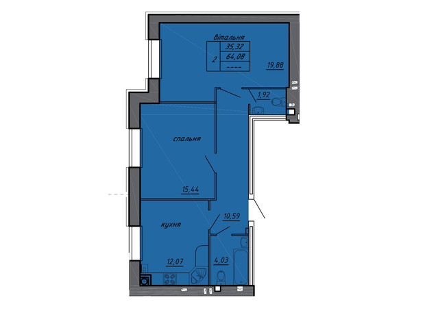 ЖК Новые Байковцы: планировка 2-комнатной квартиры 64.08 м²