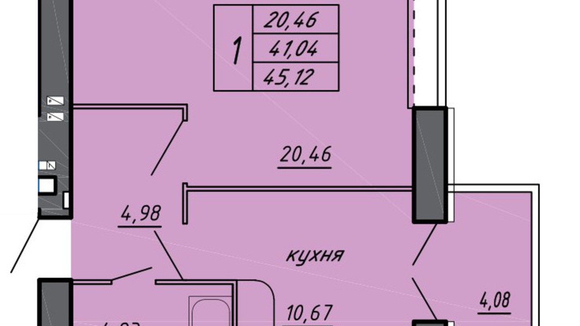 Планування 1-кімнатної квартири в ЖК Нові Байківці 45.12 м², фото 600682