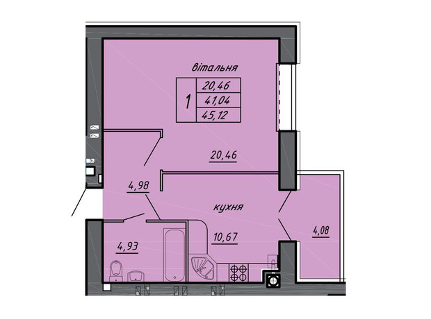 ЖК Новые Байковцы: планировка 1-комнатной квартиры 45.12 м²