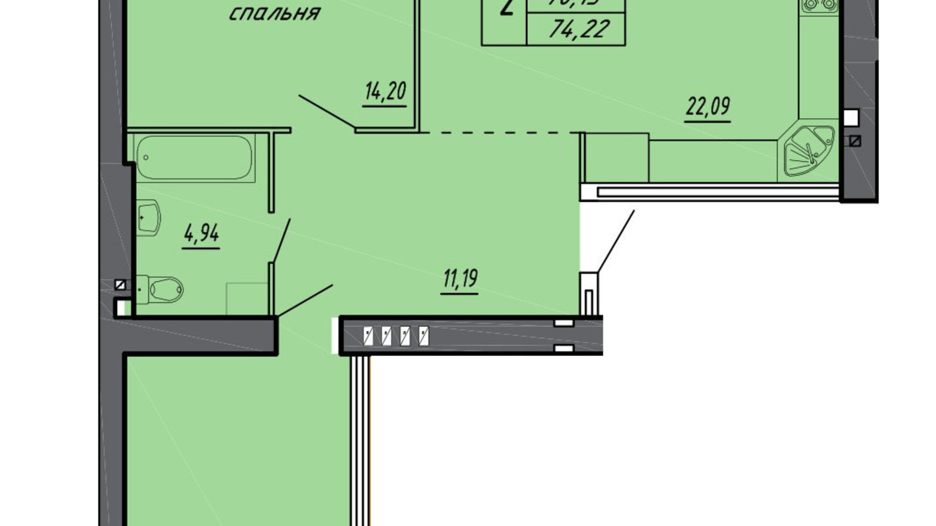 Планування 2-кімнатної квартири в ЖК Нові Байківці 74.22 м², фото 600686