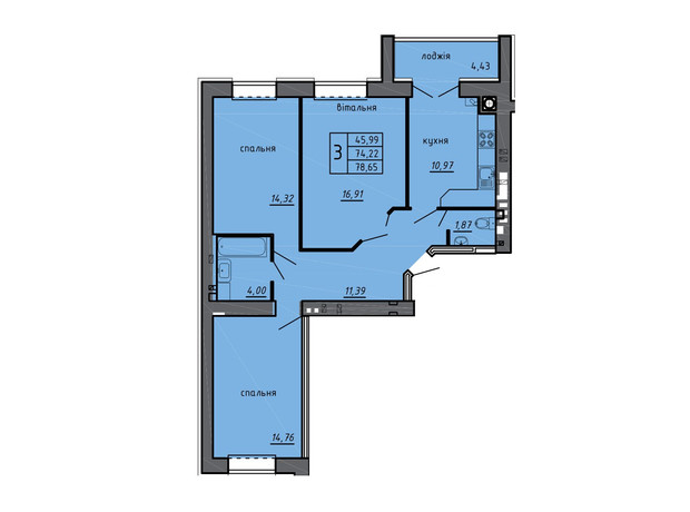 ЖК Новые Байковцы: планировка 3-комнатной квартиры 78.65 м²