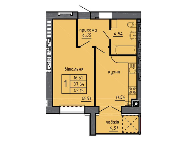 ЖК Новые Байковцы: планировка 1-комнатной квартиры 42.15 м²