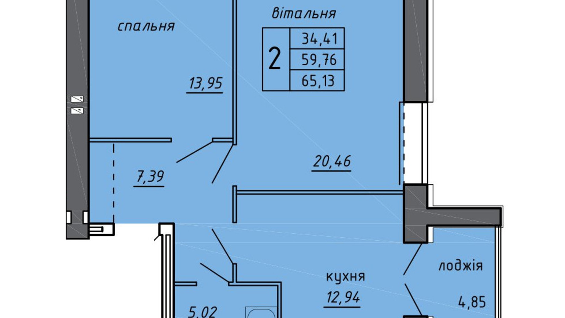 Планировка 2-комнатной квартиры в ЖК Новые Байковцы 65.13 м², фото 600701