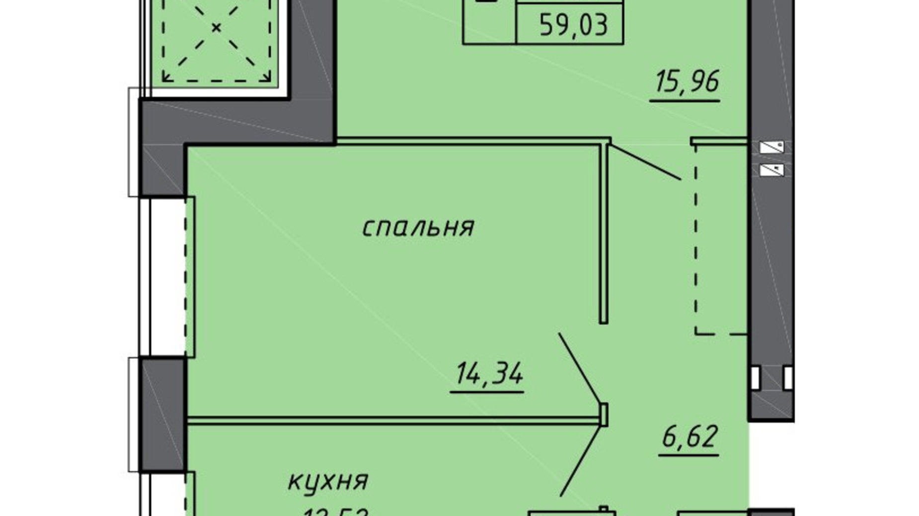 Планировка 2-комнатной квартиры в ЖК Новые Байковцы 59.03 м², фото 600703