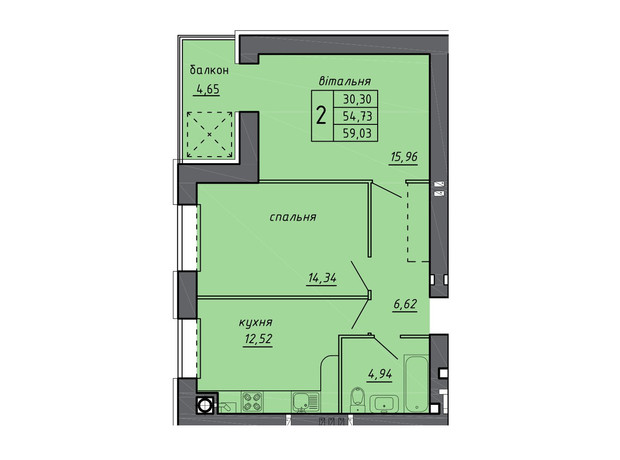 ЖК Нові Байківці: планування 2-кімнатної квартири 59.03 м²