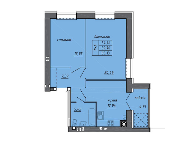 ЖК Нові Байківці: планування 2-кімнатної квартири 65.13 м²