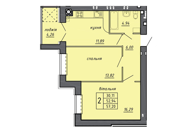ЖК Новые Байковцы: планировка 2-комнатной квартиры 57.2 м²