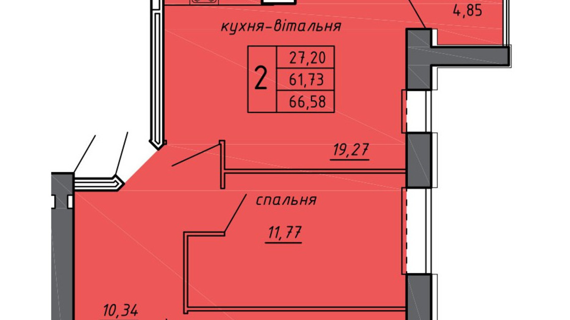 Планування 2-кімнатної квартири в ЖК Нові Байківці 66.58 м², фото 600708