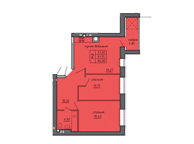 ЖК Новые Байковцы: планировка 2-комнатной квартиры 66.58 м²