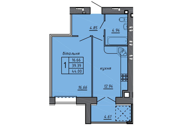 ЖК Новые Байковцы: планировка 1-комнатной квартиры 44 м²