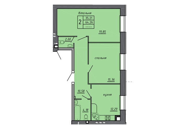 ЖК Новые Байковцы: планировка 2-комнатной квартиры 64.26 м²