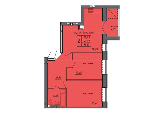 ЖК Нові Байківці: планування 2-кімнатної квартири 71.67 м²